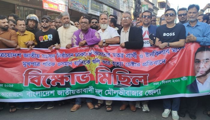 যারা নির্বাচন চায় না তারা হাদির উপর পরিকল্পিত গুলিবর্ষণ করেছে: মৌলভীবাজারে বিক্ষোভ সমাবেশে বিএনপি নেতারা 