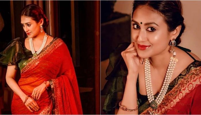 লাল শাড়িতে স্নিগ্ধতা ছড়ালেন কুসুম শিকদার